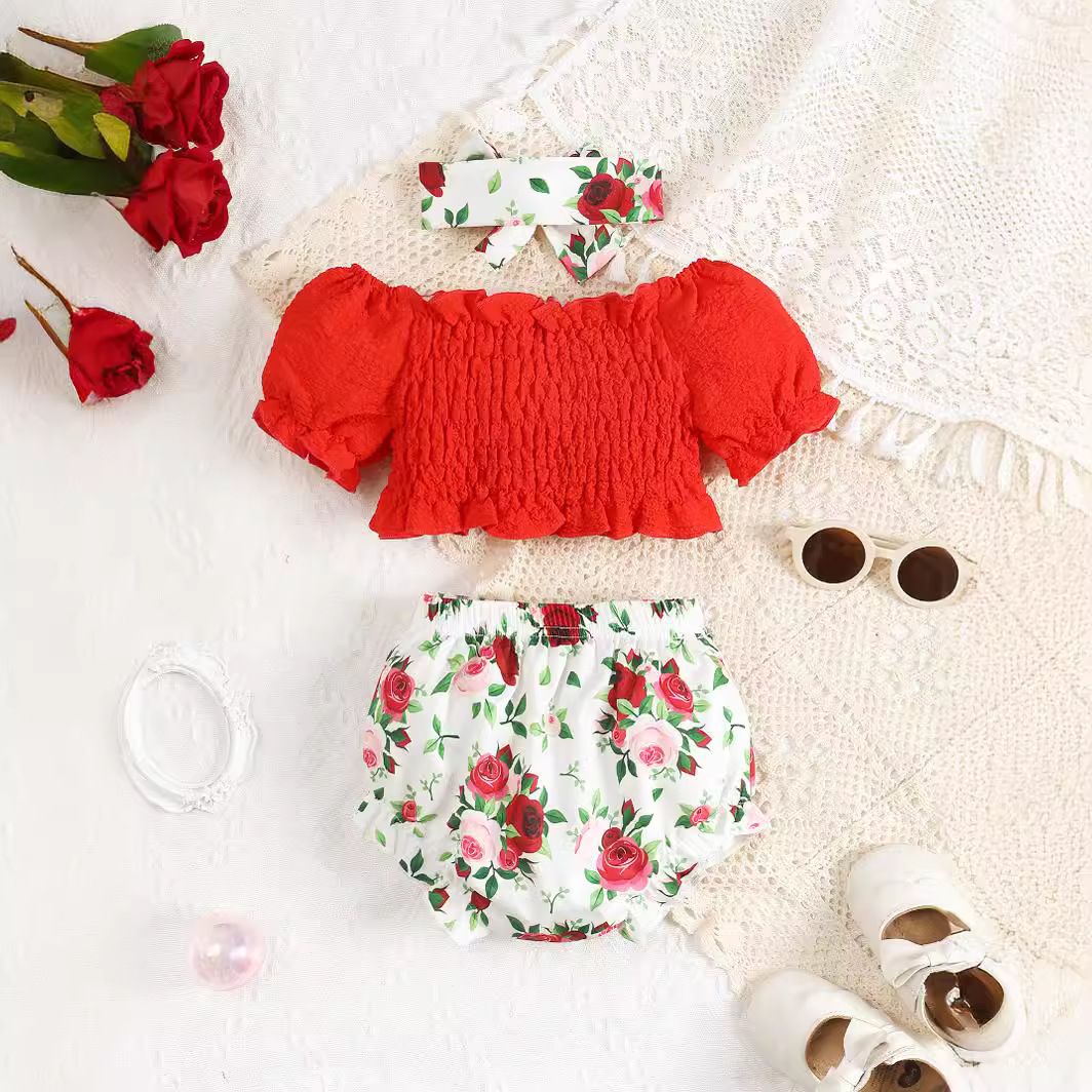 Hot selling item short-Sleeve Flower Bow Top Baby Little kids Toddle Girls Fashion clothes Printing Skirt Shorts 2 Piece Set