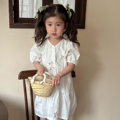 Girls' summer embroidered pure cotton bubble short sleeved children's dress 2024 new summer dress baby princess dress