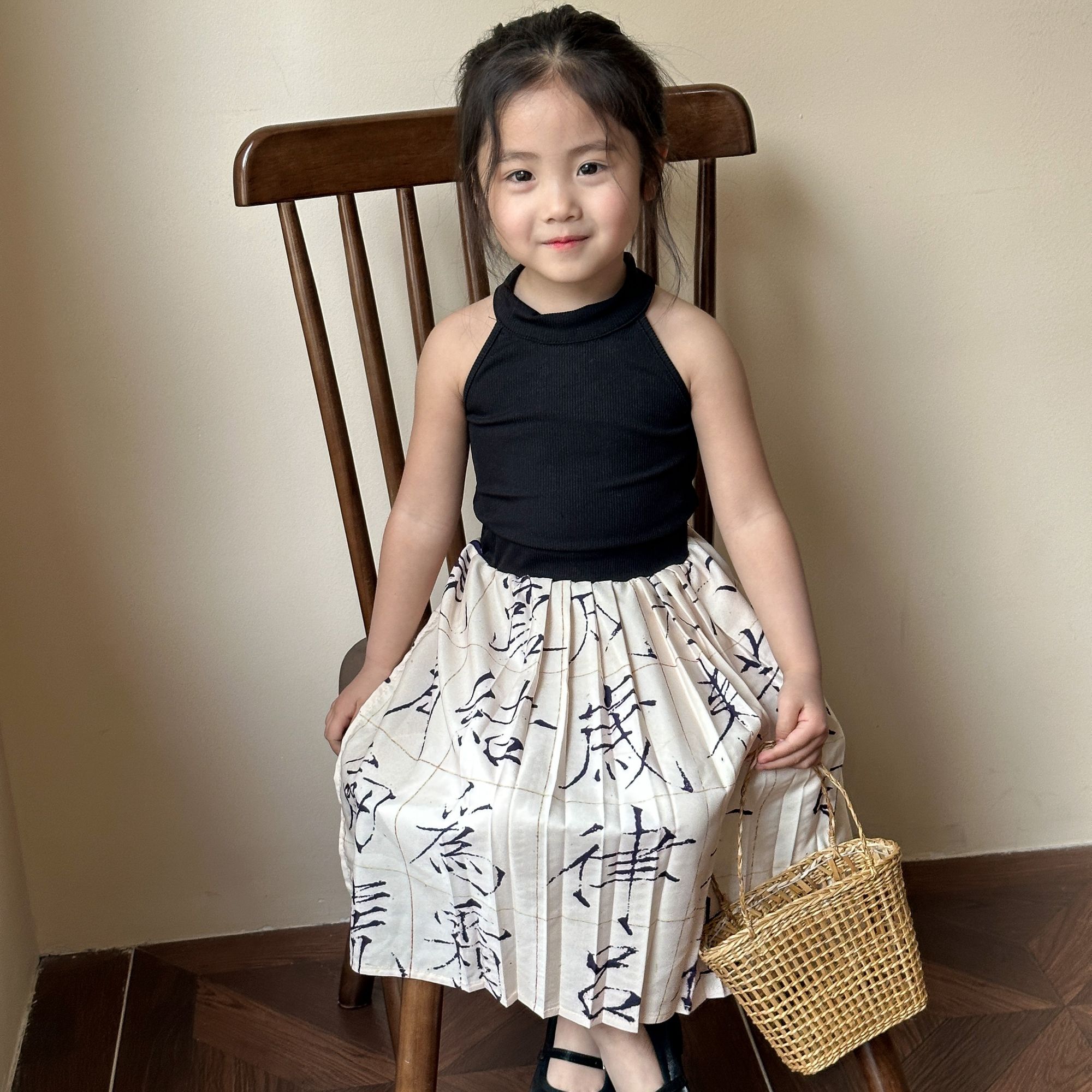 New Chinese style summer outfit for girls, pleated skirt, baby children's vest, two-piece set