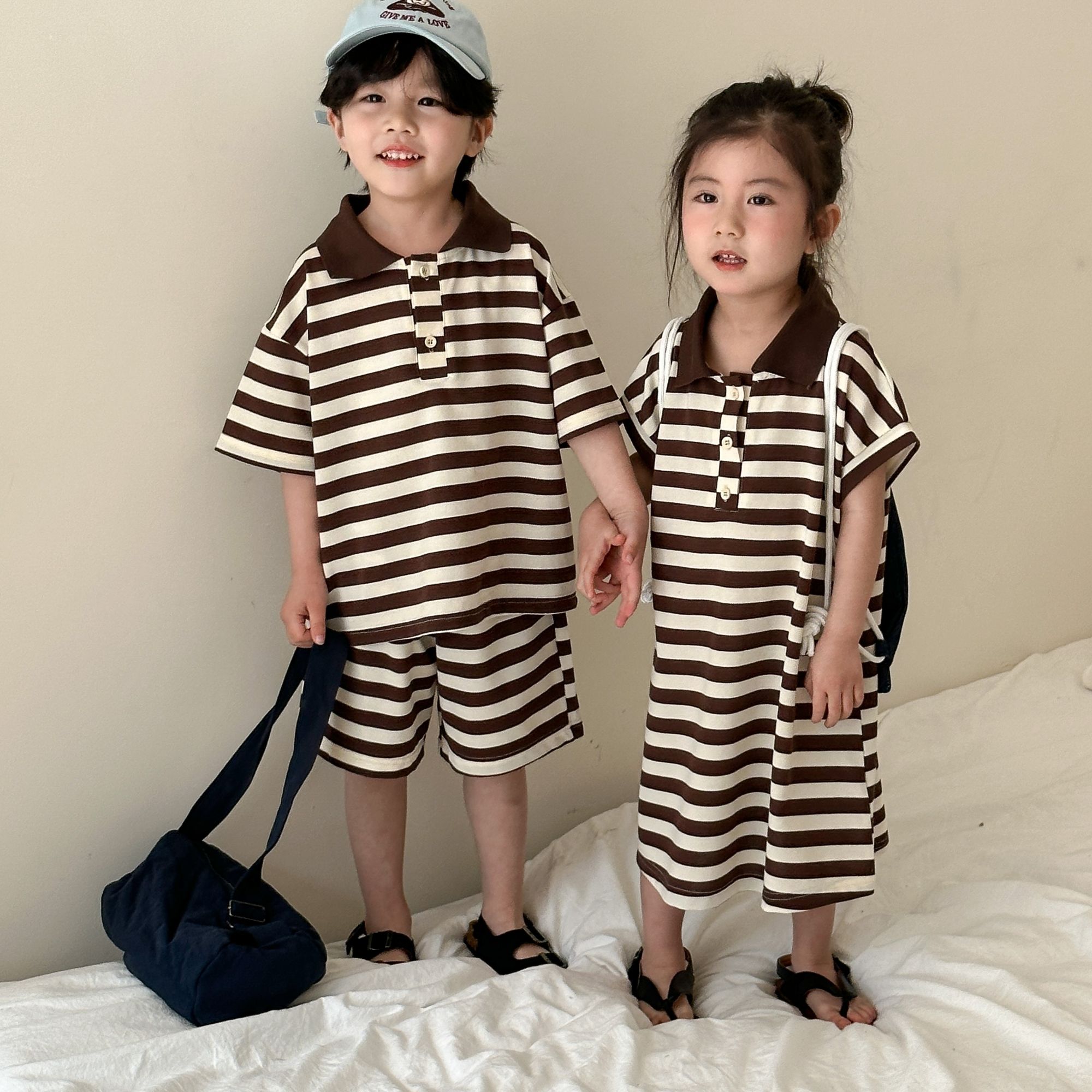 Children's Summer Set, Boys' Sports 2024 New Summer Dress, Baby Striped Girls' Polo Dress, Siblings' Dress