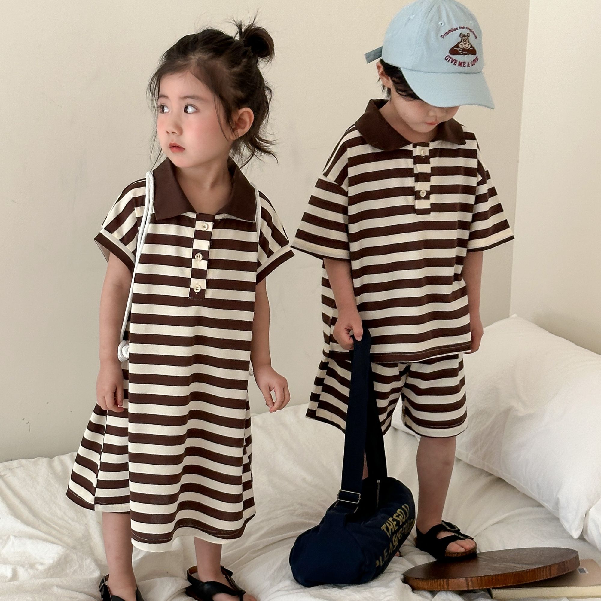 Children's Summer Set, Boys' Sports 2024 New Summer Dress, Baby Striped Girls' Polo Dress, Siblings' Dress