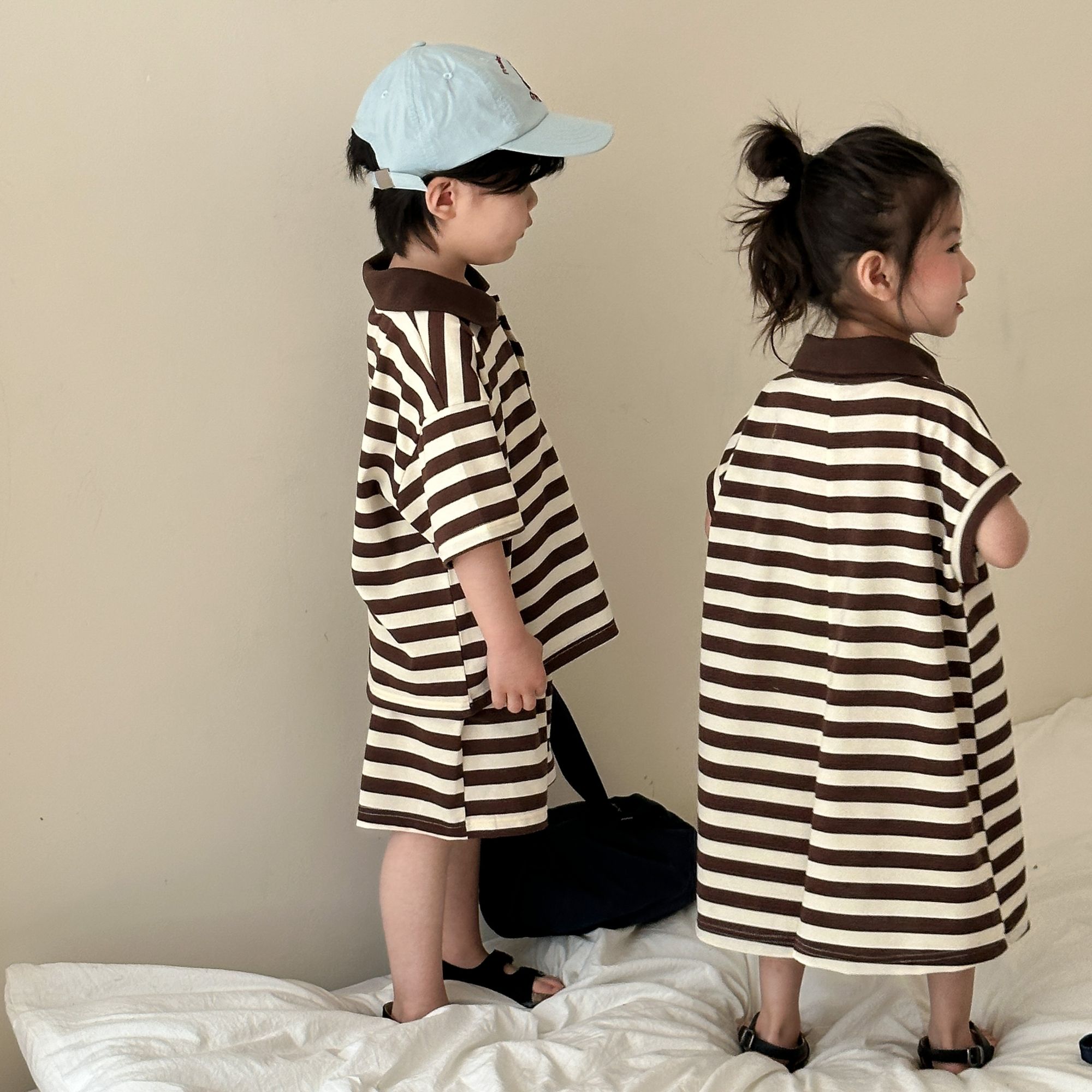 Children's Summer Set, Boys' Sports 2024 New Summer Dress, Baby Striped Girls' Polo Dress, Siblings' Dress