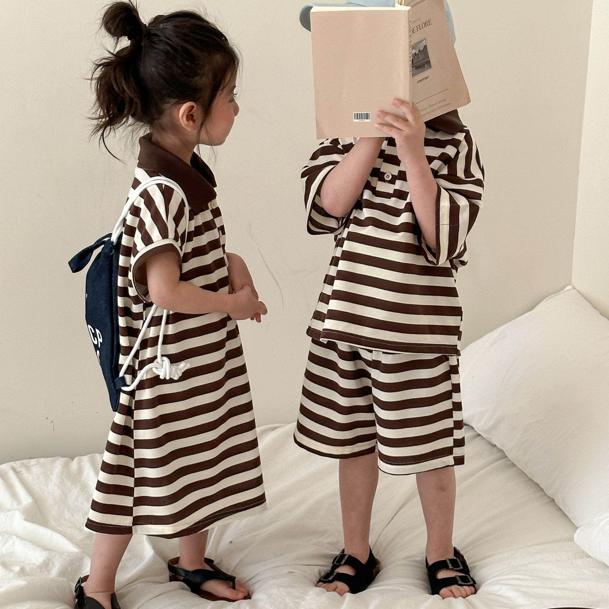 Children's Summer Set, Boys' Sports 2024 New Summer Dress, Baby Striped Girls' Polo Dress, Siblings' Dress