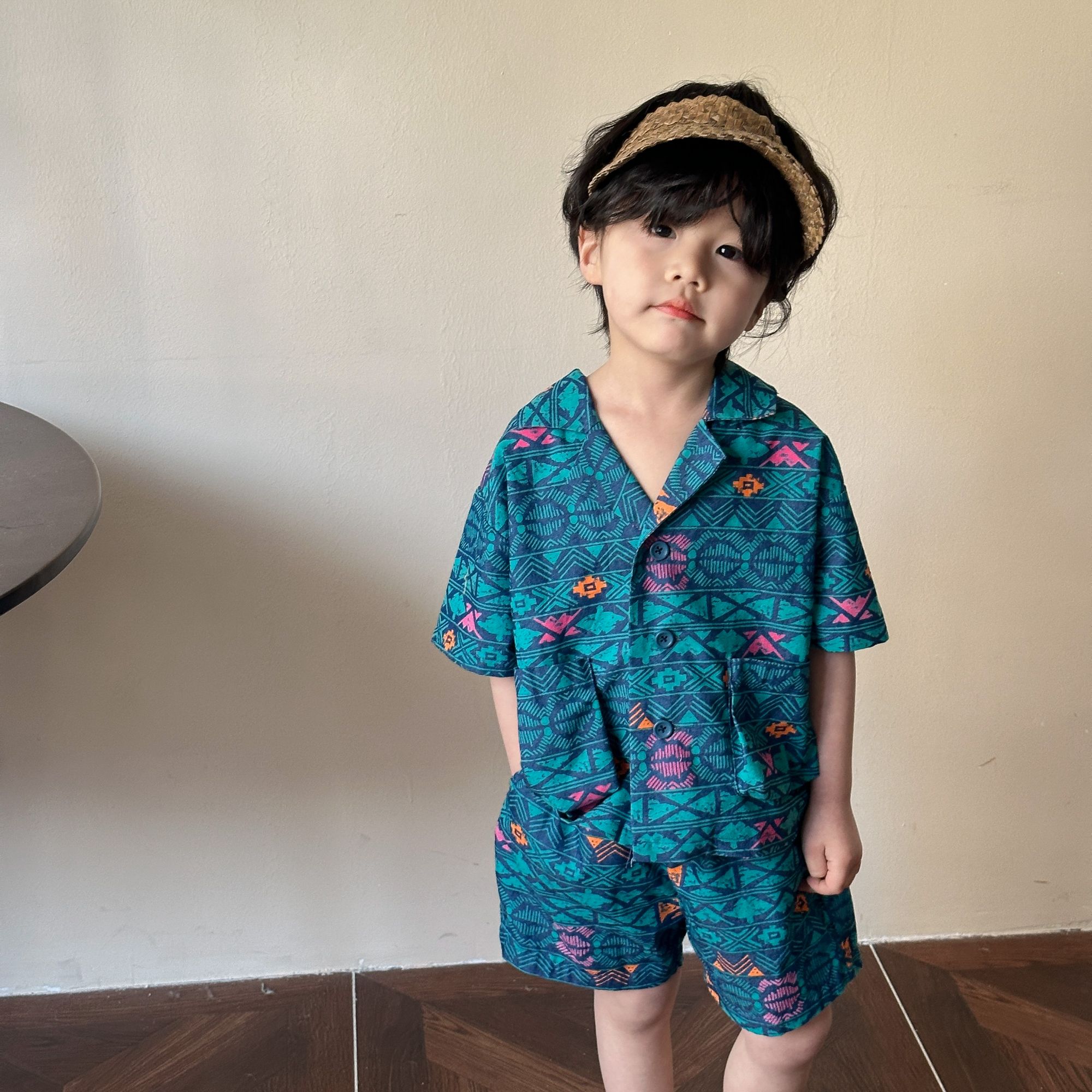 Children's summer denim suit vacation style boys 2024 new casual baby girls dress siblings summer outfit