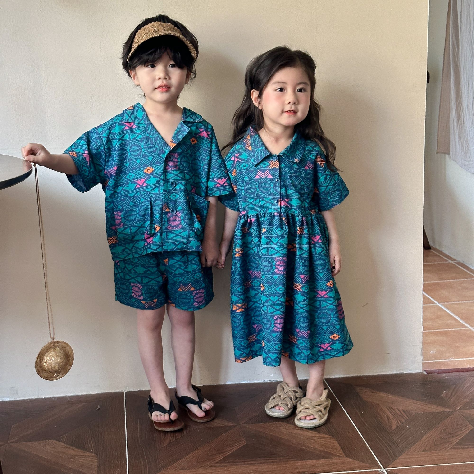 Children's summer denim suit vacation style boys 2024 new casual baby girls dress siblings summer outfit