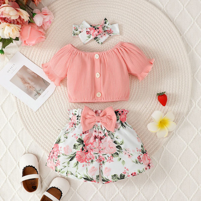 Wholesale summer baby set short sleeve top bowknot pants 0-2Y baby girl clothes