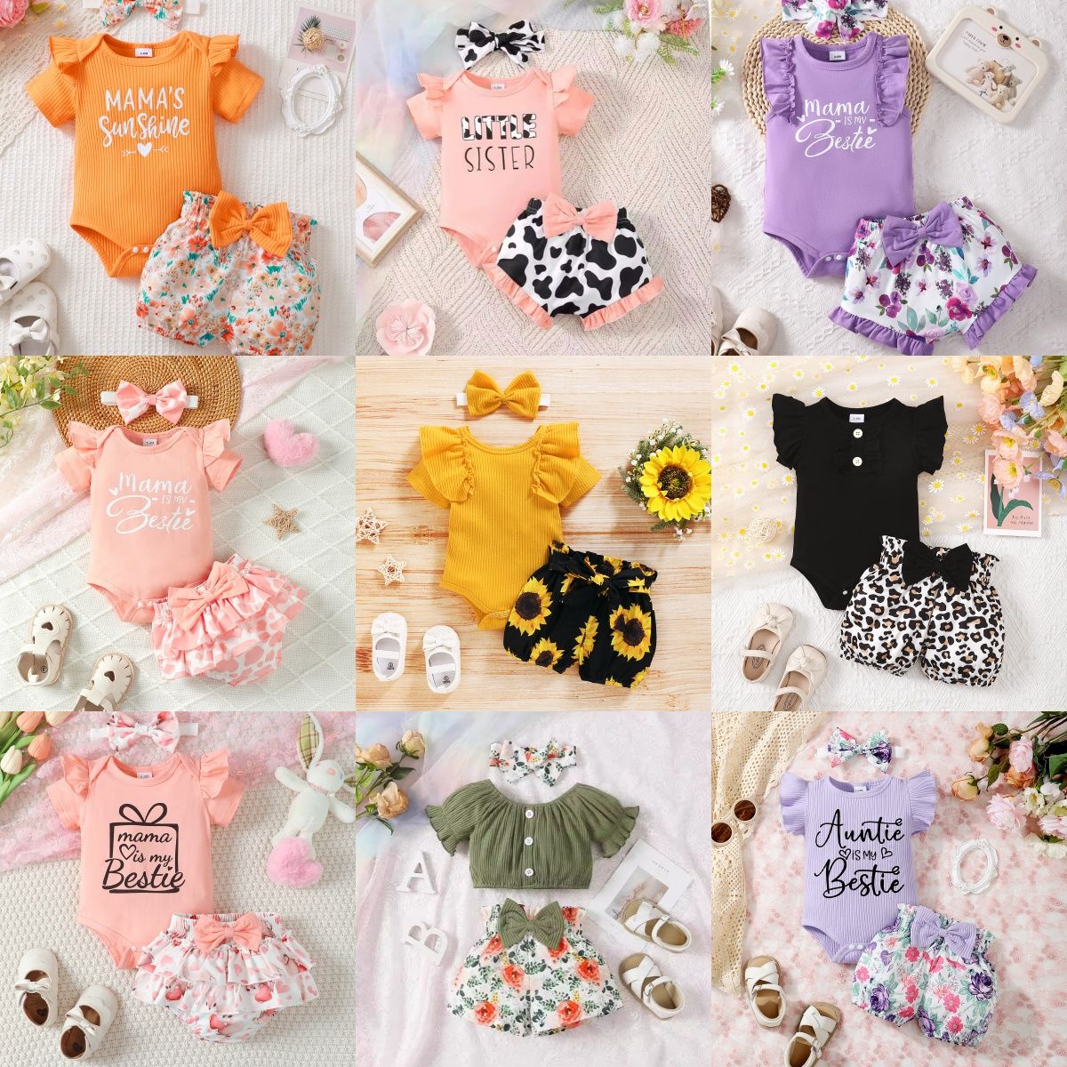 Wholesale Toddler Infant Baby Girl Clothes Ruffle short Sleeve Top Floral pants Set For Baby Girl