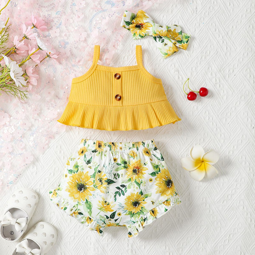 2024 Hot selling summer newborn yellow halter top + floral pants set 2pcs baby girl clothing