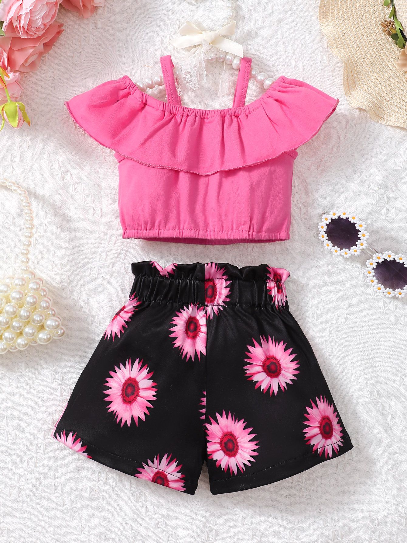 Wholesale Hot selling summer newborn pink top + floral pants set 2pcs baby girl clothing toddler set