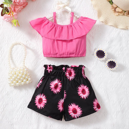 Wholesale Hot selling summer newborn pink top + floral pants set 2pcs baby girl clothing toddler set