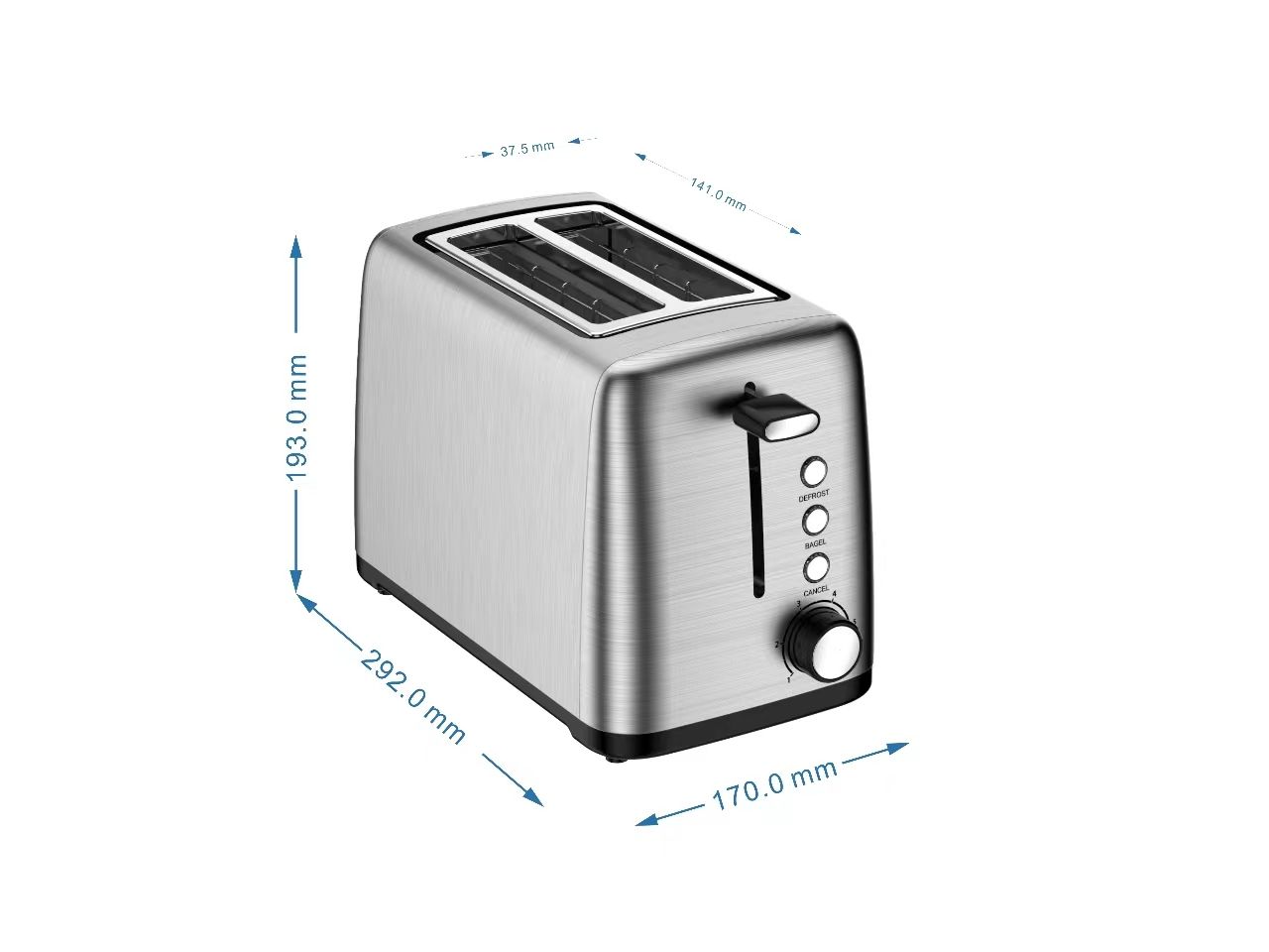 TS1258 Stainless Steel 2 Slice Toaster with Multi-Function Reheat, Defrost, Cancel, and Adjustable Browning