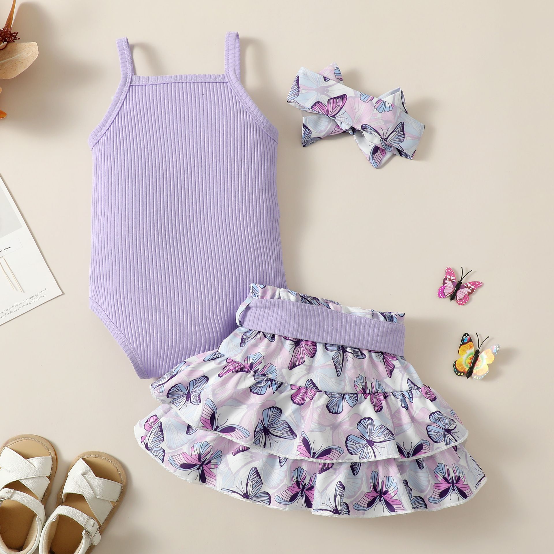 Hot selling toddler set Kids Summer camisole top Butterfly Skirt Girls Clothes Set Outfits 0-3Years