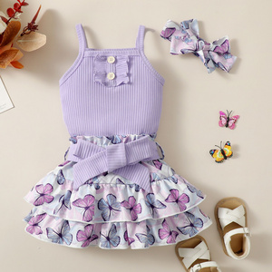 Hot selling toddler set Kids Summer camisole top Butterfly Skirt Girls Clothes Set Outfits 0-3Years