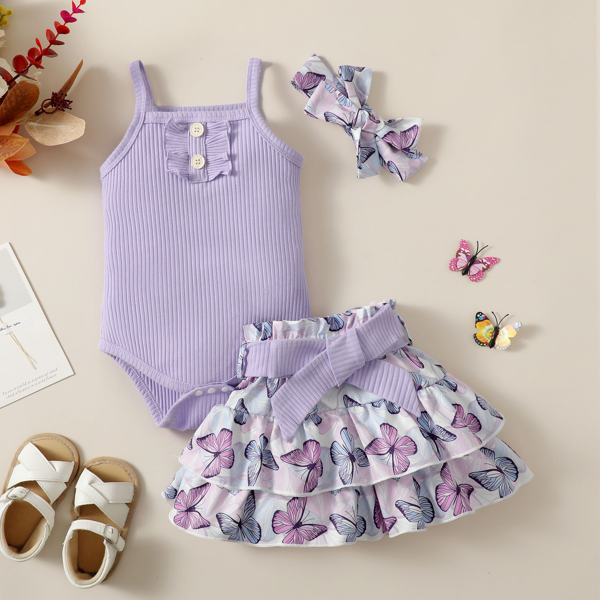 Hot selling toddler set Kids Summer camisole top Butterfly Skirt Girls Clothes Set Outfits 0-3Years