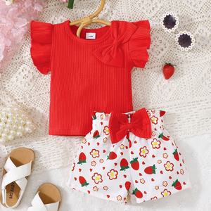 High quality Summer Children's Two-piece Suit Kid Girls Flying sleeve top + Floral Shorts Clothes Set