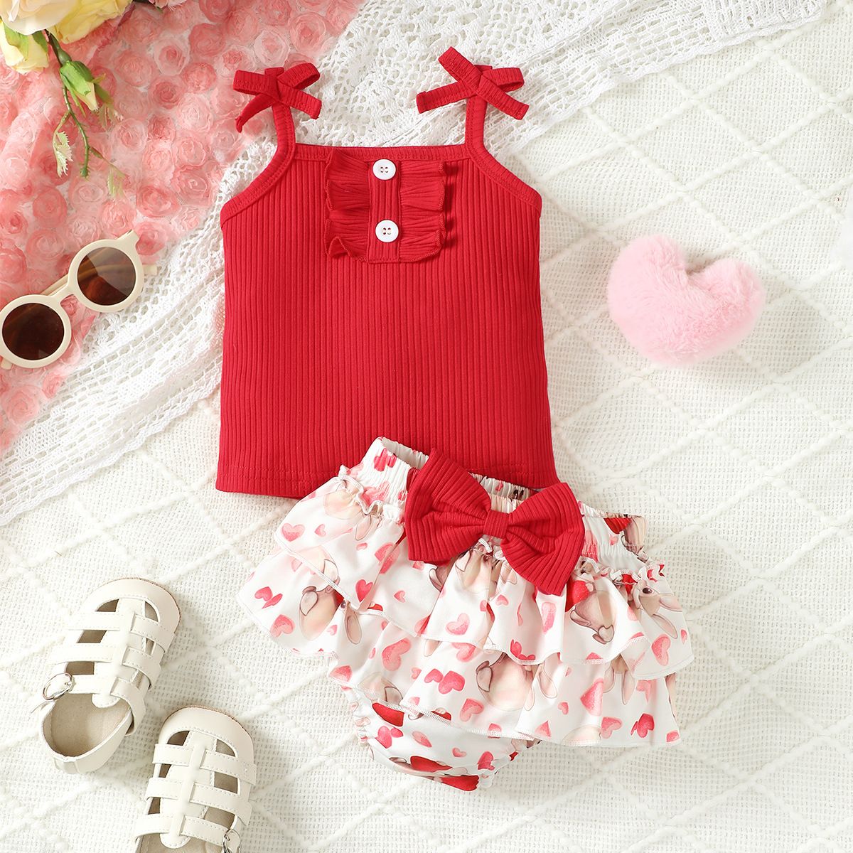 summer wholesale kids clothes sets for girls outfit casual toddler baby printed floral red tank shorts children clothing