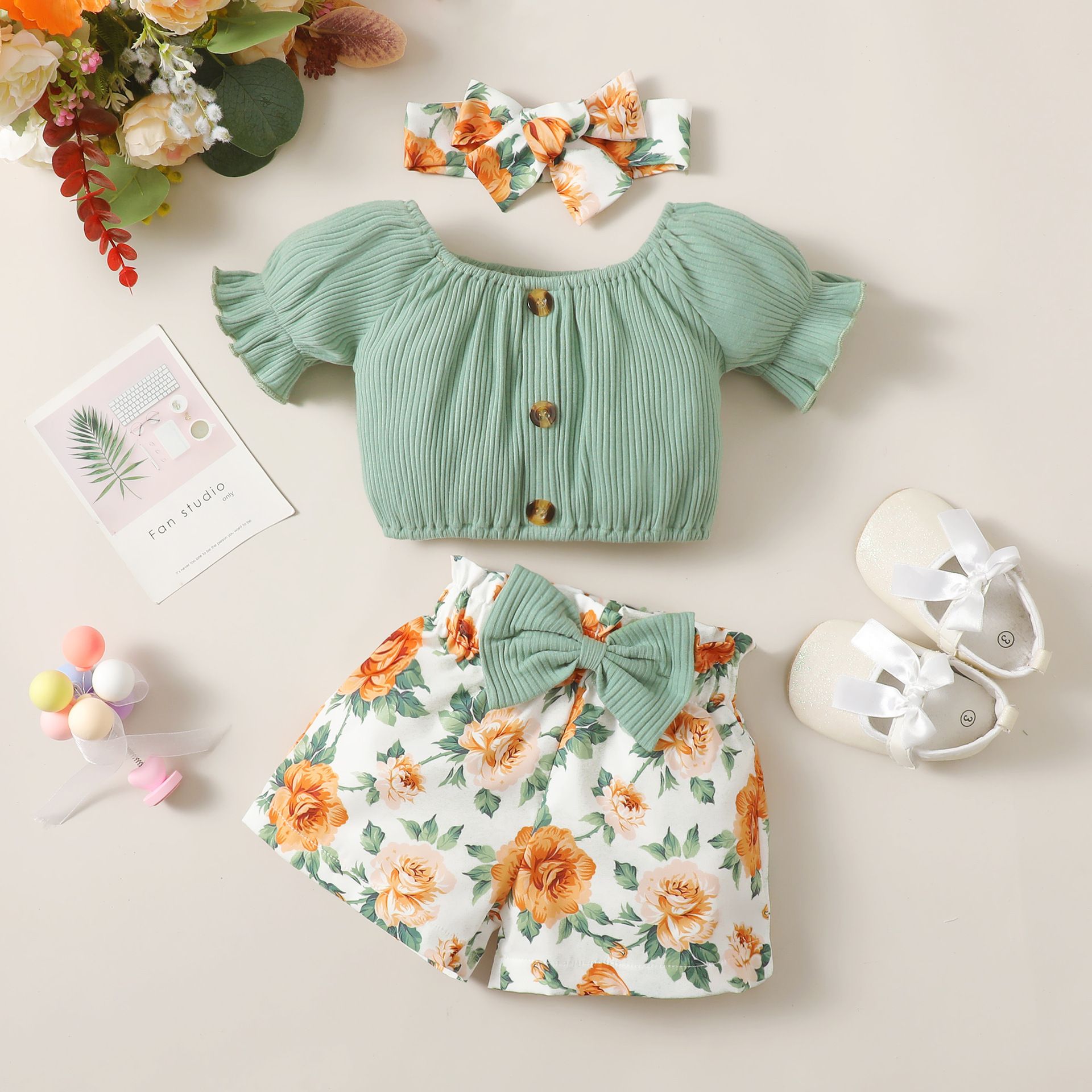 Wholesale Toddler Infant Baby Girl Clothes short-Sleeve Top floral shorts hair band Set For Baby Girl