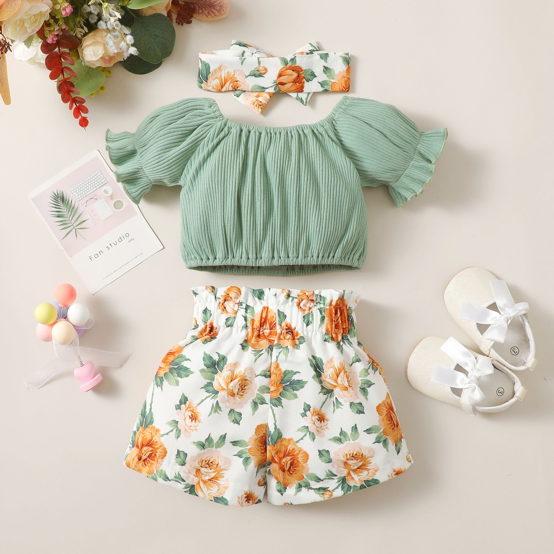 Wholesale Toddler Infant Baby Girl Clothes short-Sleeve Top floral shorts hair band Set For Baby Girl