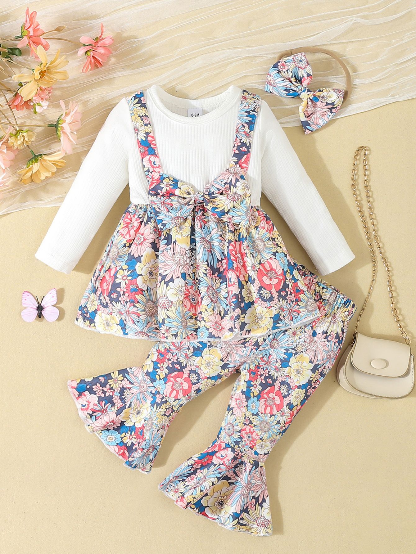 Wholesale Infant and toddler girl baby clothes casual long sleeved +flared pants+headband set