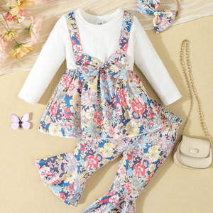 Wholesale Infant and toddler girl baby clothes casual long sleeved +flared pants+headband set