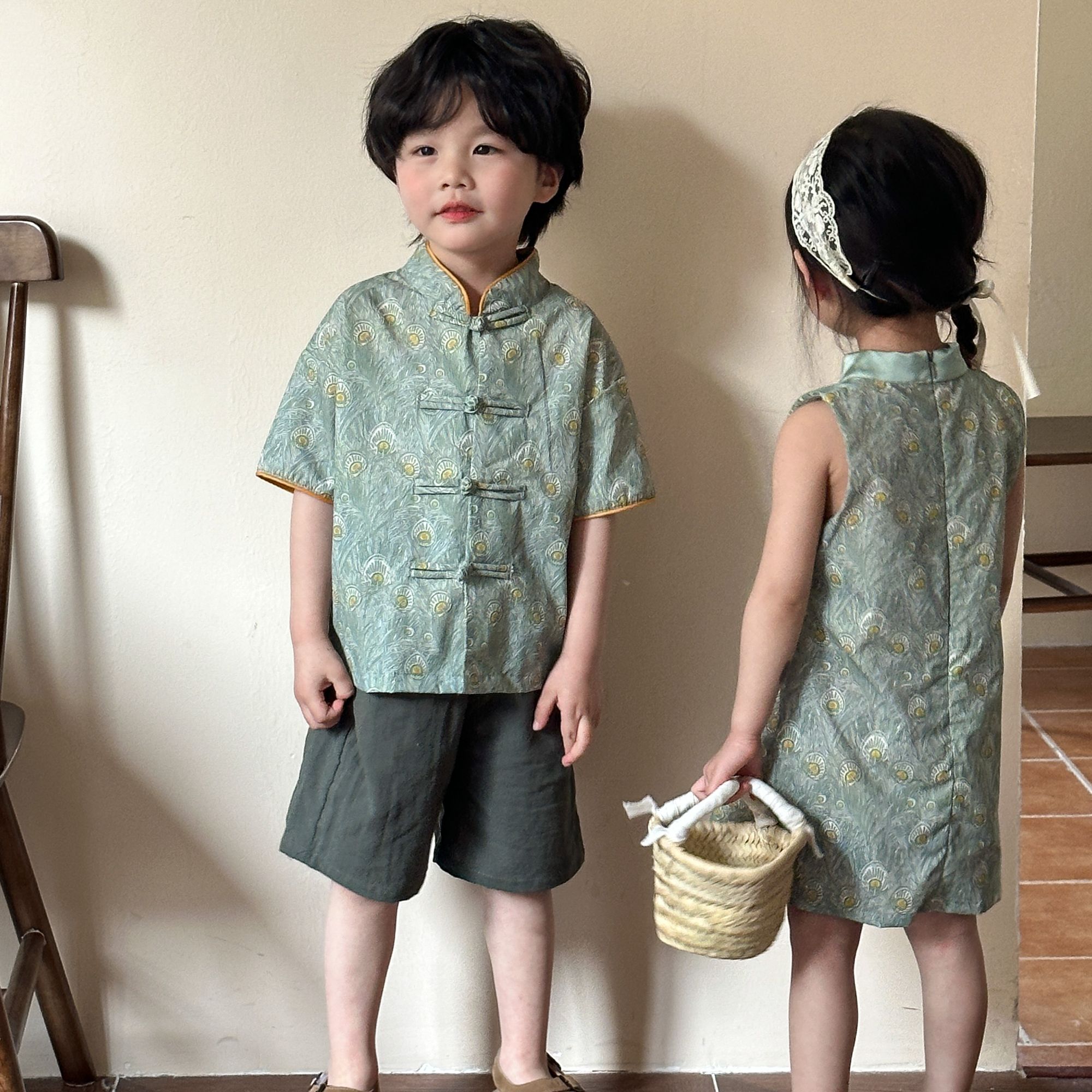 Children's Tang suit set new Chinese style boys' Hanfu 2024 new summer baby girls' cheongsam dress