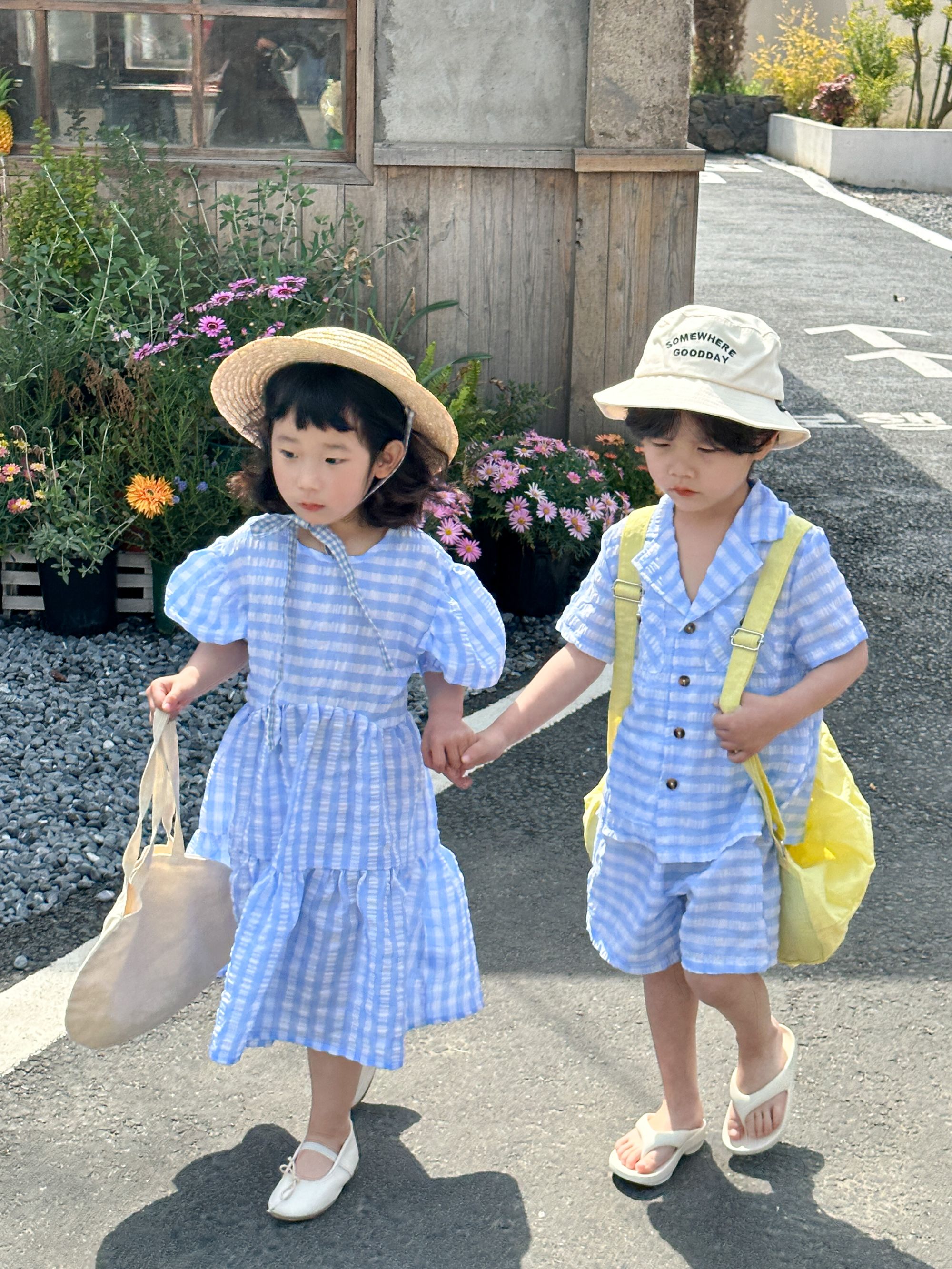 Children's Summer Set, Boys' Checkered 2024 New Summer Dress, Casual Baby, Elegant Girls' Dress, Siblings' Dress