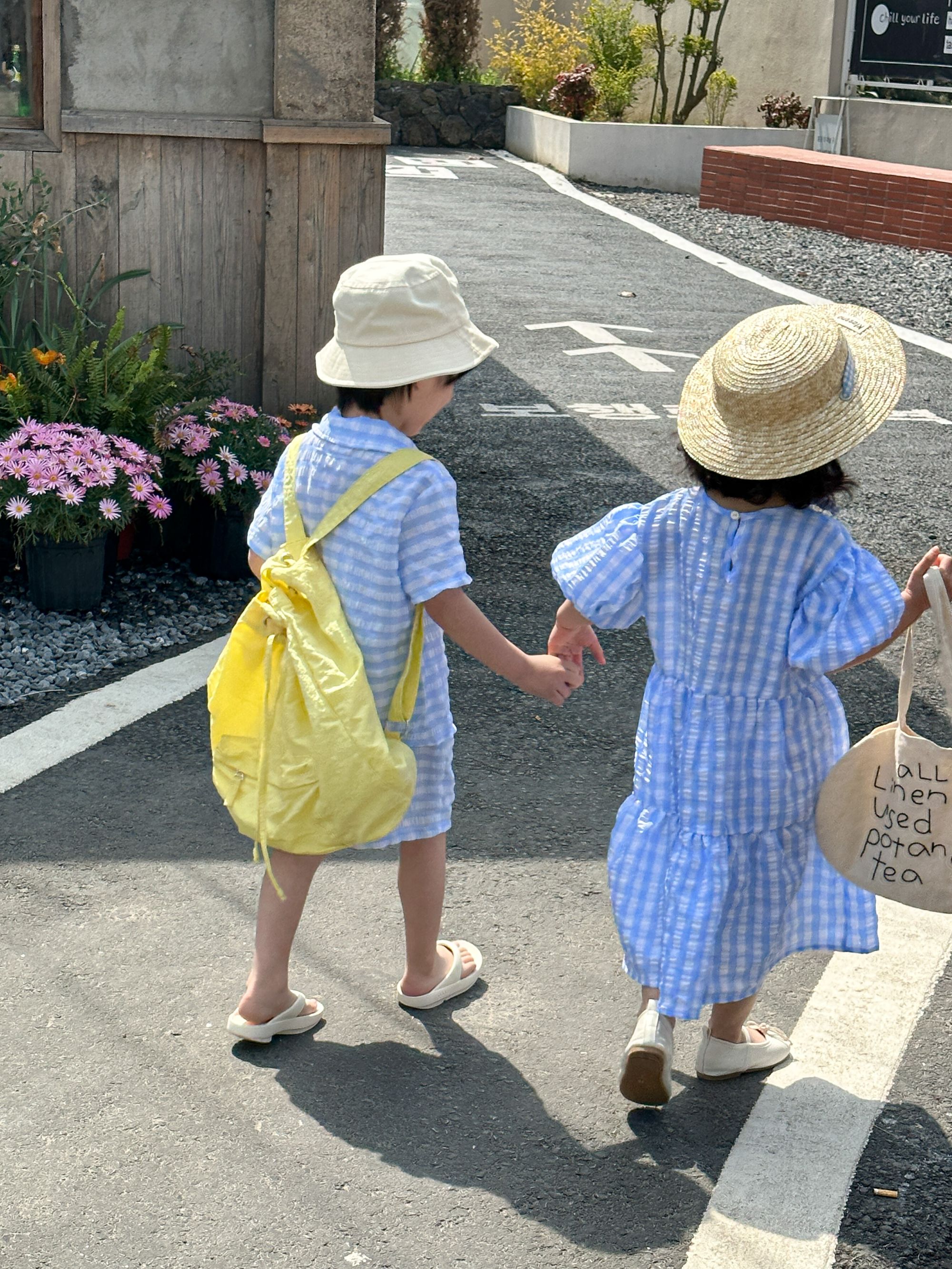 Children's Summer Set, Boys' Checkered 2024 New Summer Dress, Casual Baby, Elegant Girls' Dress, Siblings' Dress