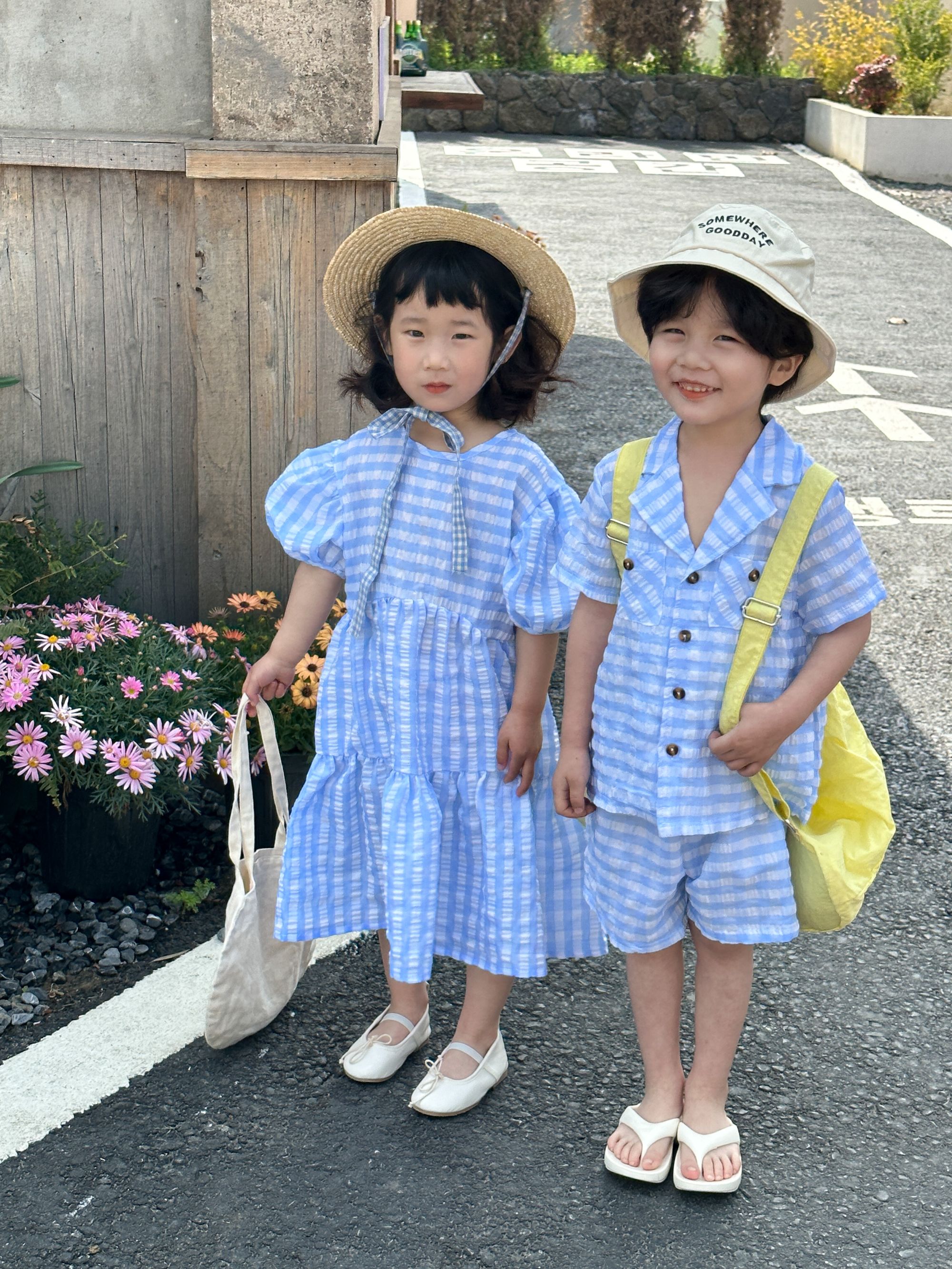 Children's Summer Set, Boys' Checkered 2024 New Summer Dress, Casual Baby, Elegant Girls' Dress, Siblings' Dress