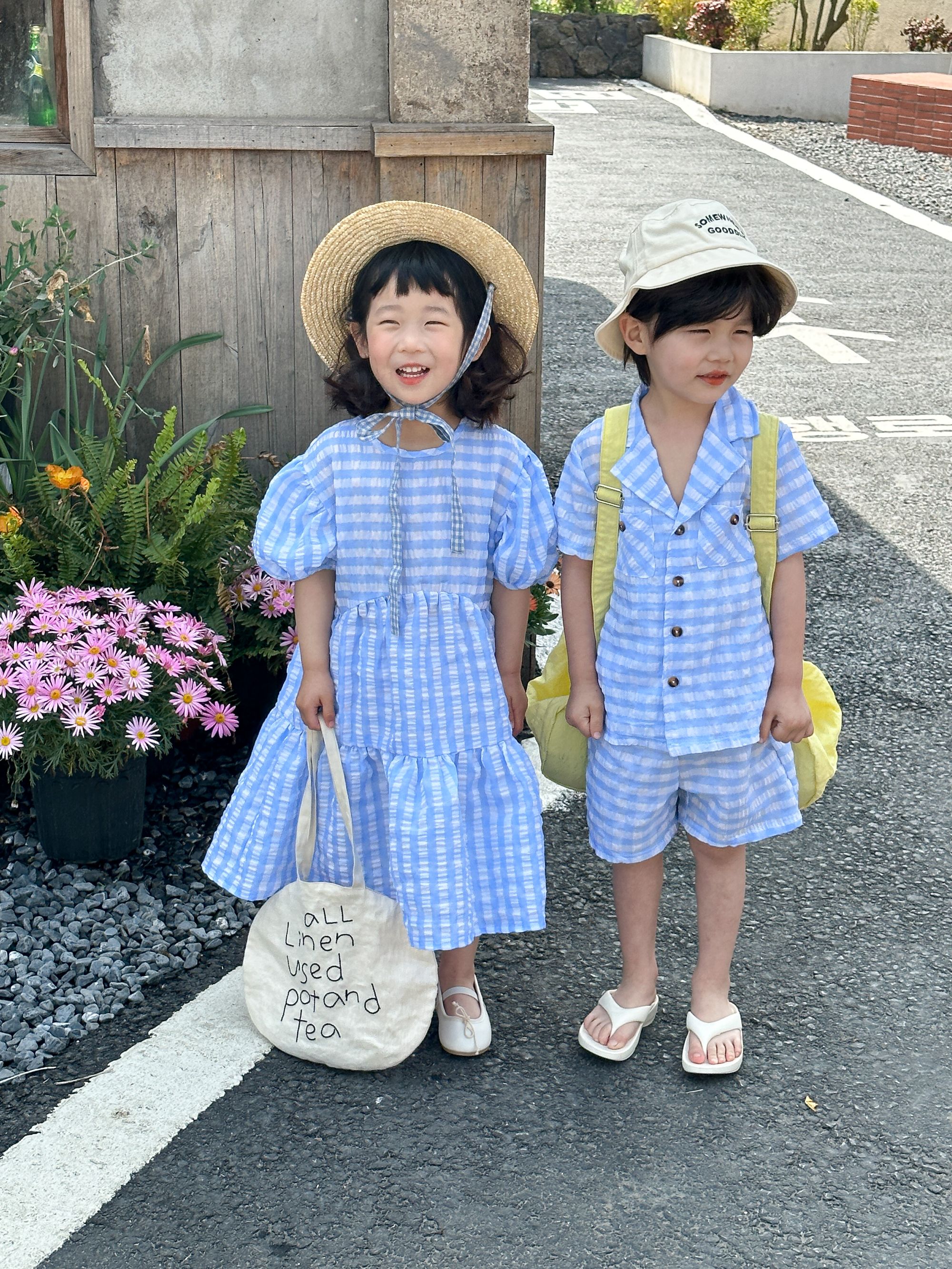 Children's Summer Set, Boys' Checkered 2024 New Summer Dress, Casual Baby, Elegant Girls' Dress, Siblings' Dress