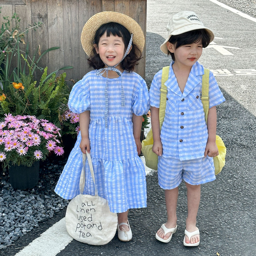 Children's Summer Set, Boys' Checkered 2024 New Summer Dress, Casual Baby, Elegant Girls' Dress, Siblings' Dress