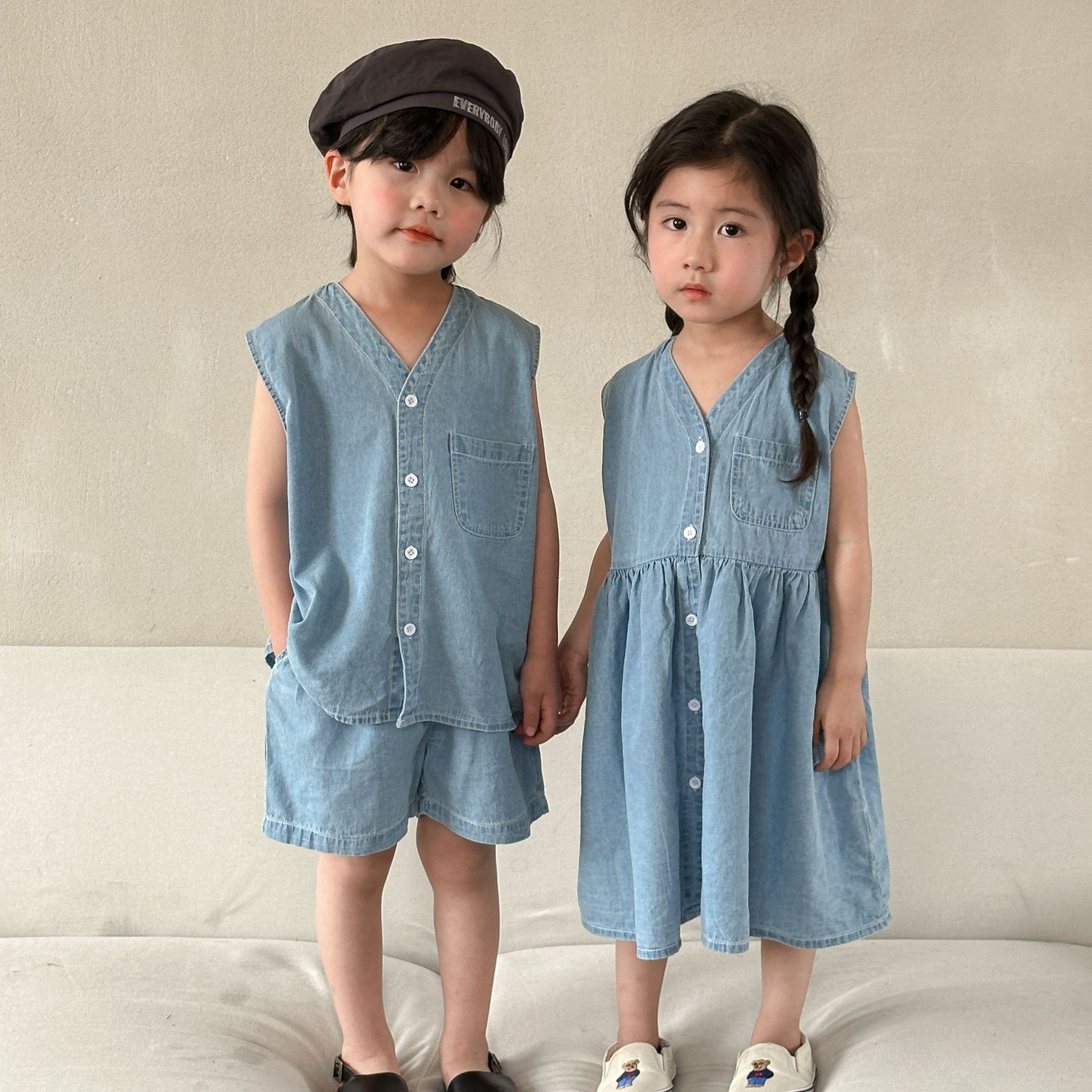 Children's summer denim suit for boys 2024 new summer casual baby girl vest dress brother sister outfit