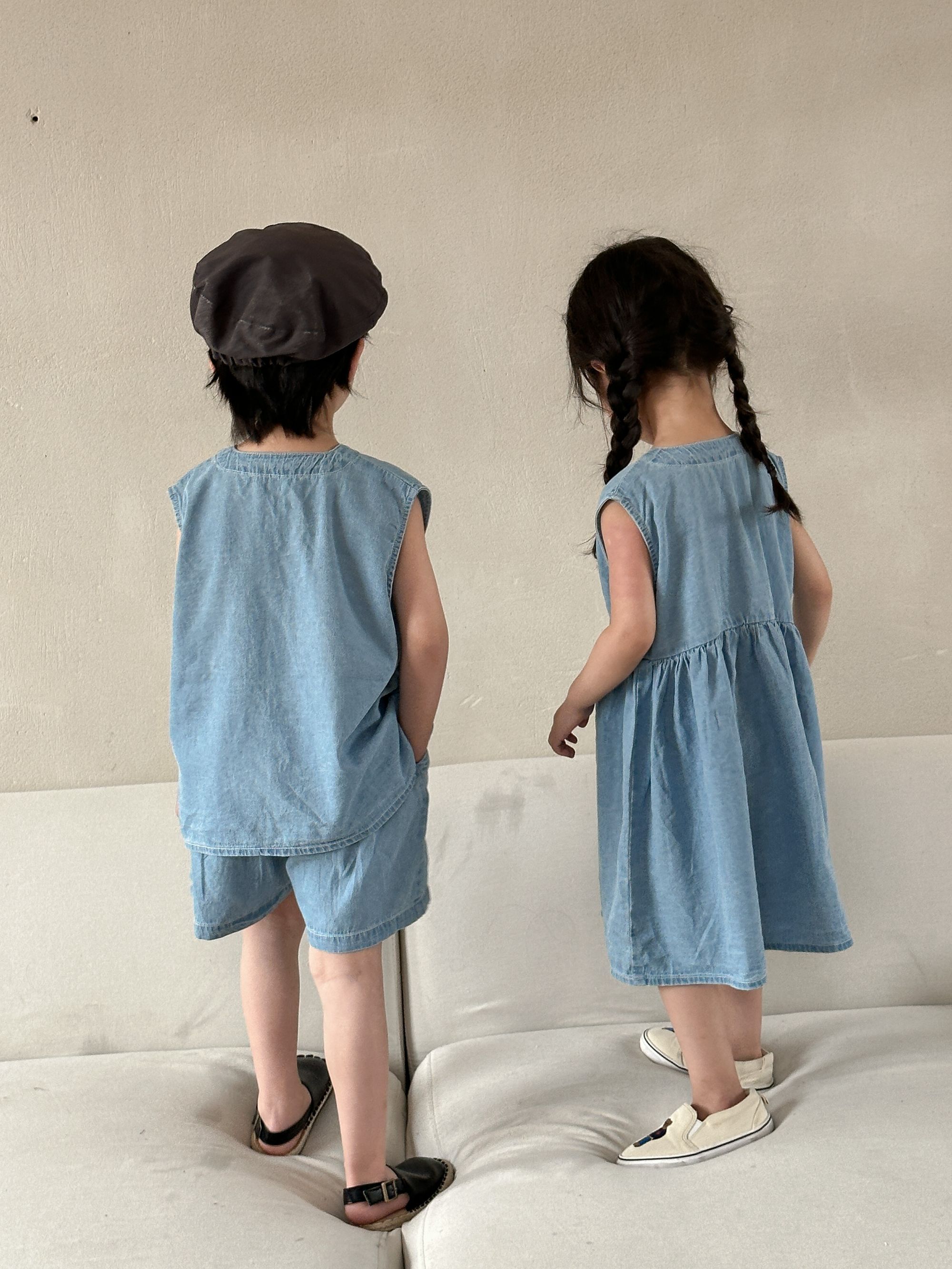 Children's summer denim suit for boys 2024 new summer casual baby girl vest dress brother sister outfit