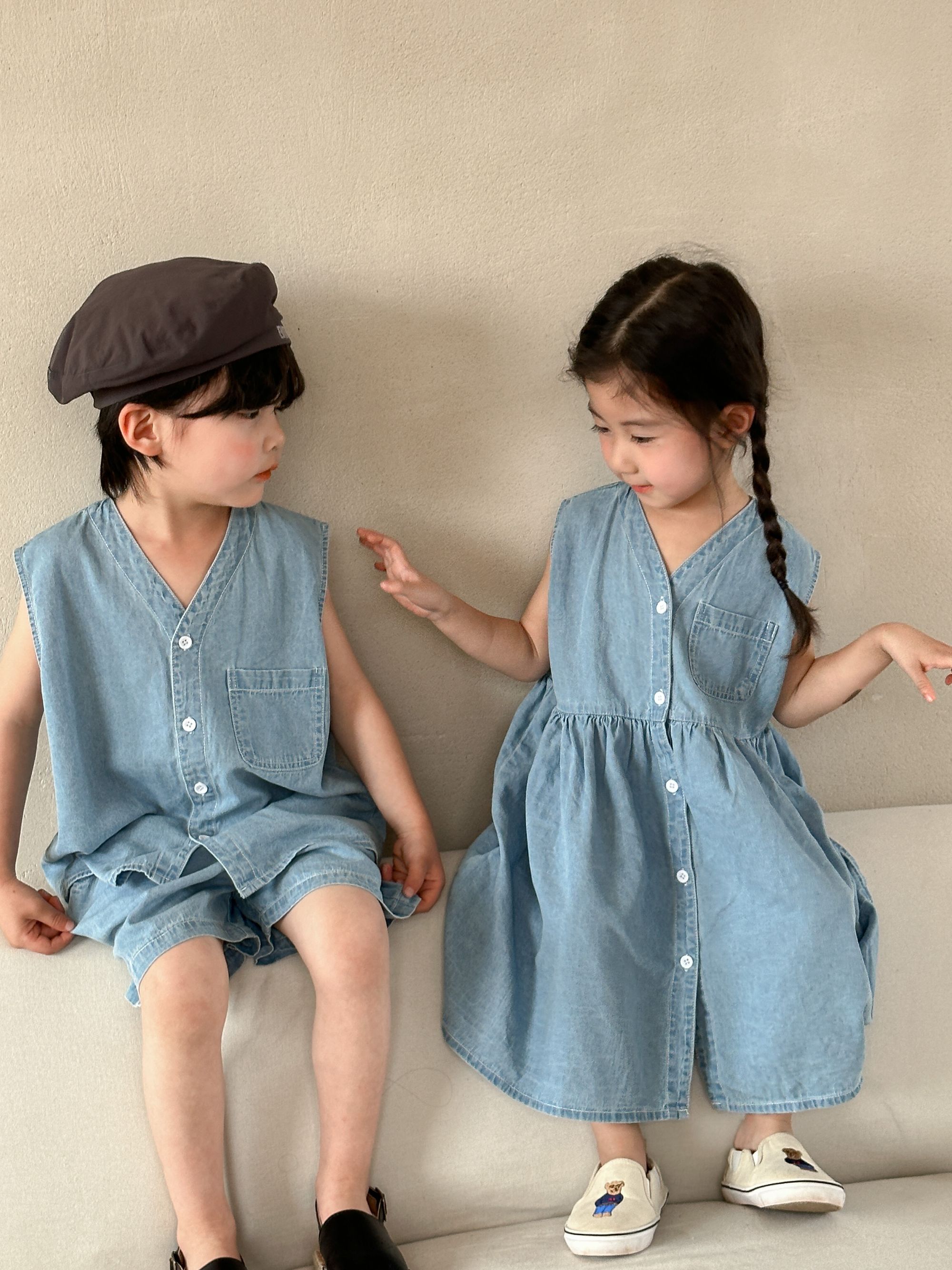 Children's summer denim suit for boys 2024 new summer casual baby girl vest dress brother sister outfit