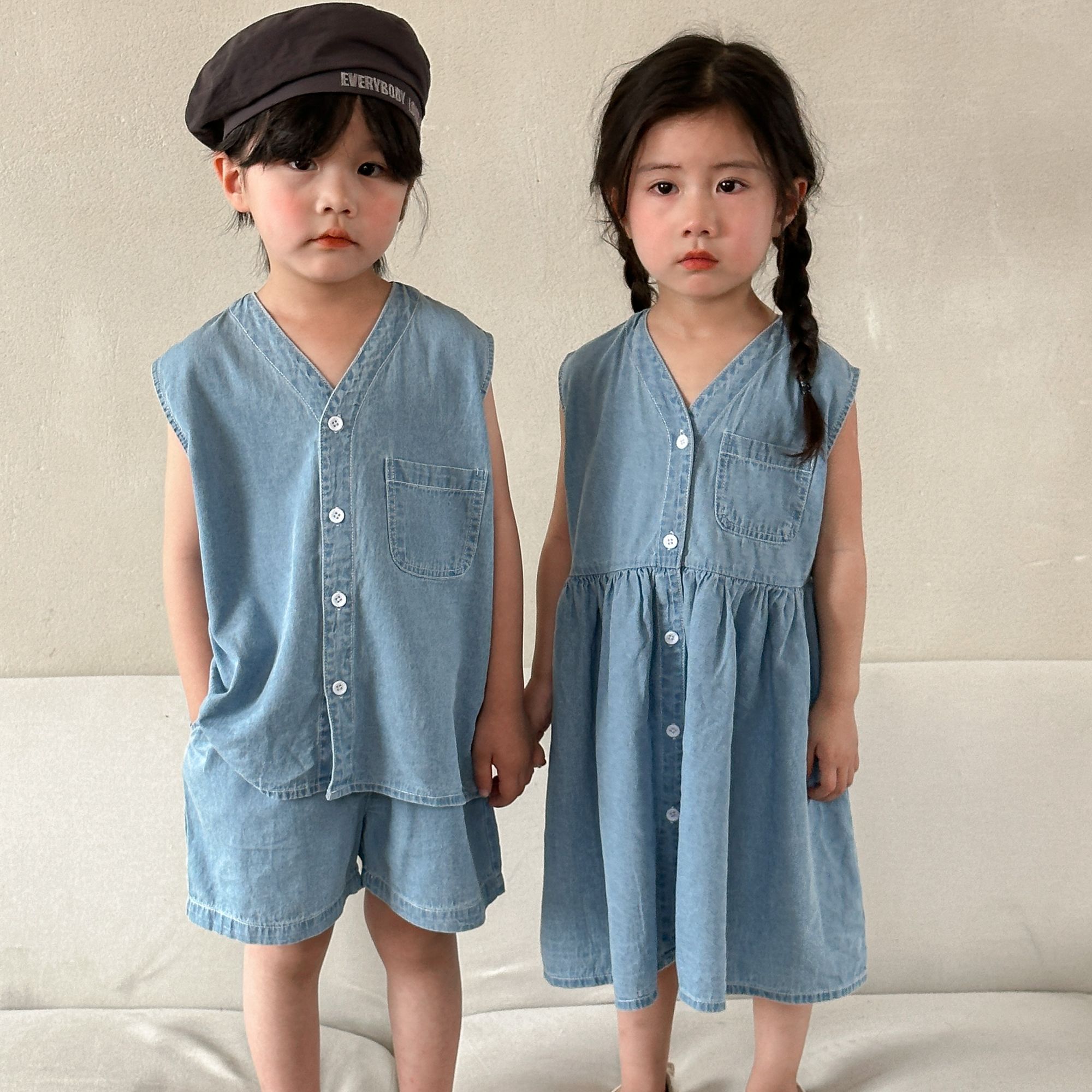 Children's summer denim suit for boys 2024 new summer casual baby girl vest dress brother sister outfit