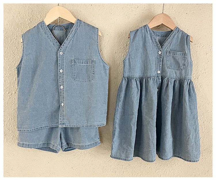 Children's summer denim suit for boys 2024 new summer casual baby girl vest dress brother sister outfit