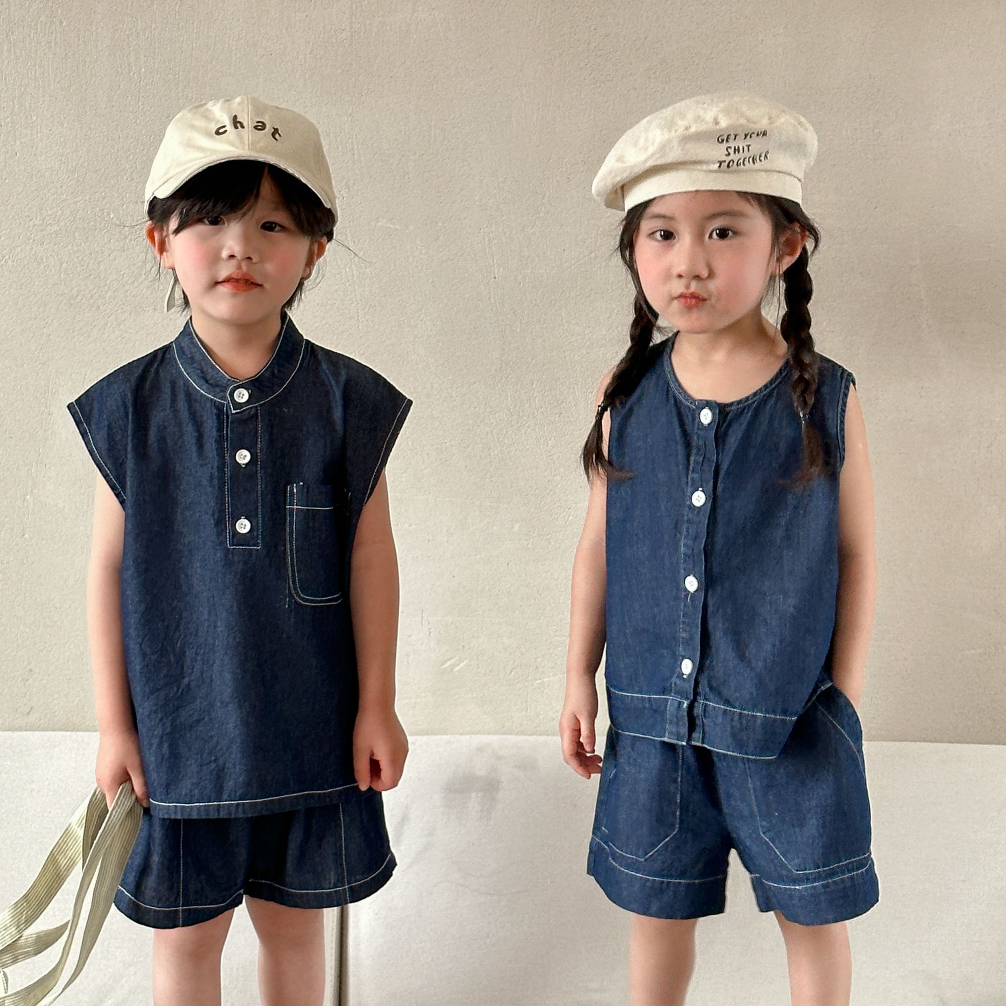 Children's summer denim suit for girls 2024 new casual baby clothes, boys' vest shorts, siblings' summer clothes