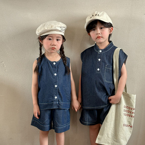 Children's summer denim suit for girls 2024 new casual baby clothes, boys' vest shorts, siblings' summer clothes