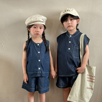 Children's summer denim suit for girls 2024 new casual baby clothes, boys' vest shorts, siblings' summer clothes