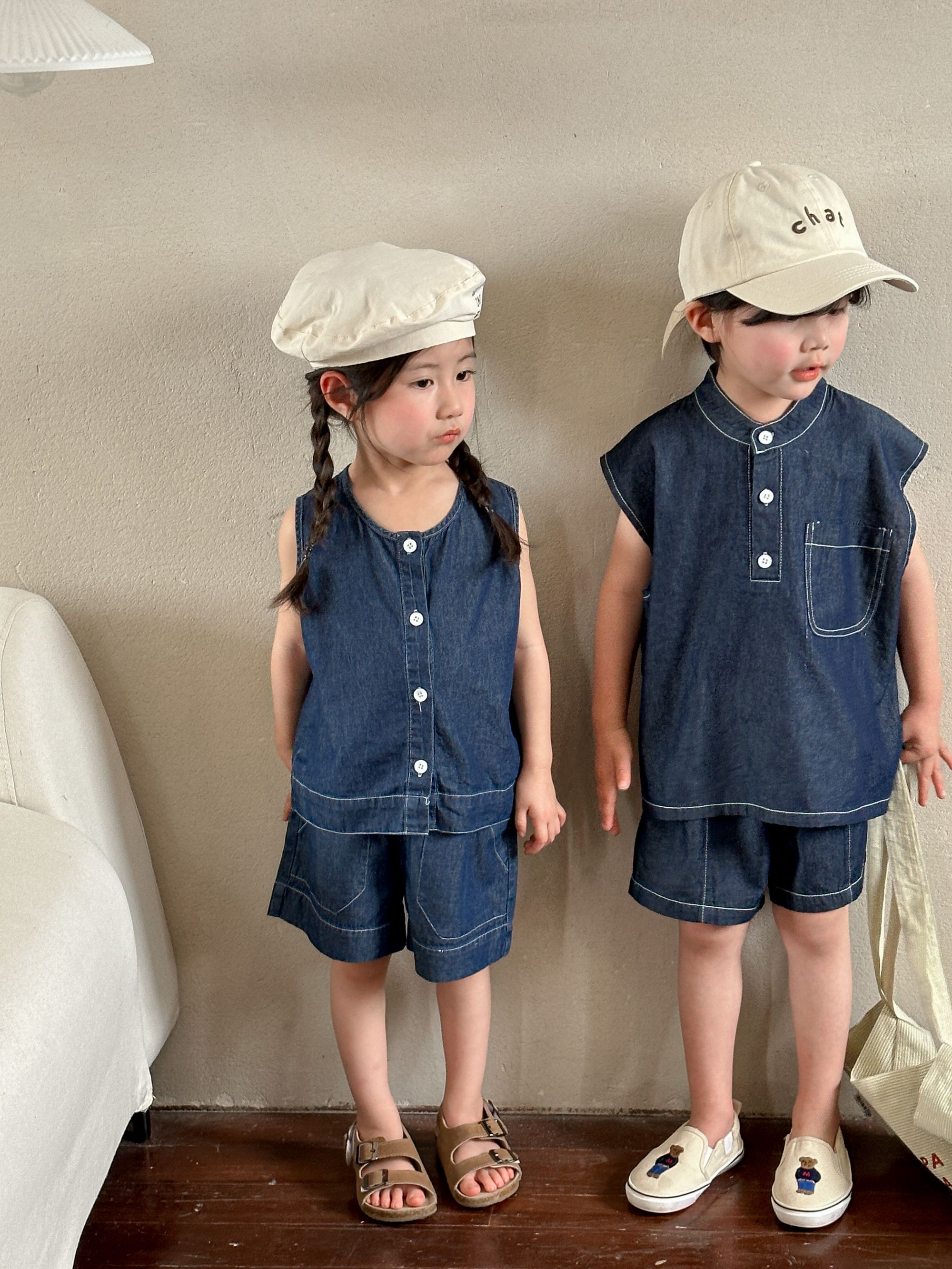 Children's summer denim suit for girls 2024 new casual baby clothes, boys' vest shorts, siblings' summer clothes