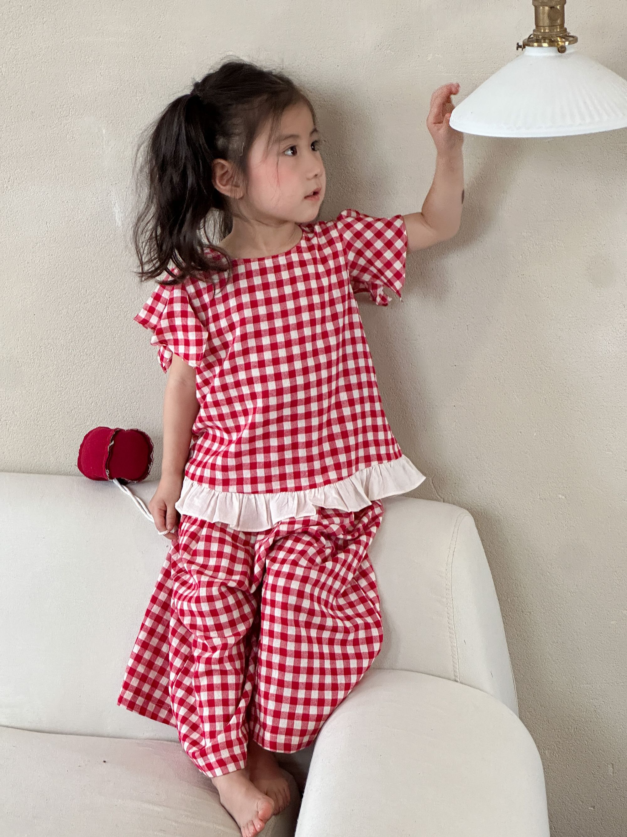 Girls' Summer Set with Western Style Grid 2024 New Summer Dress Casual Baby Girl Clothes Children's Flying Sleeve Wide Leg Pants