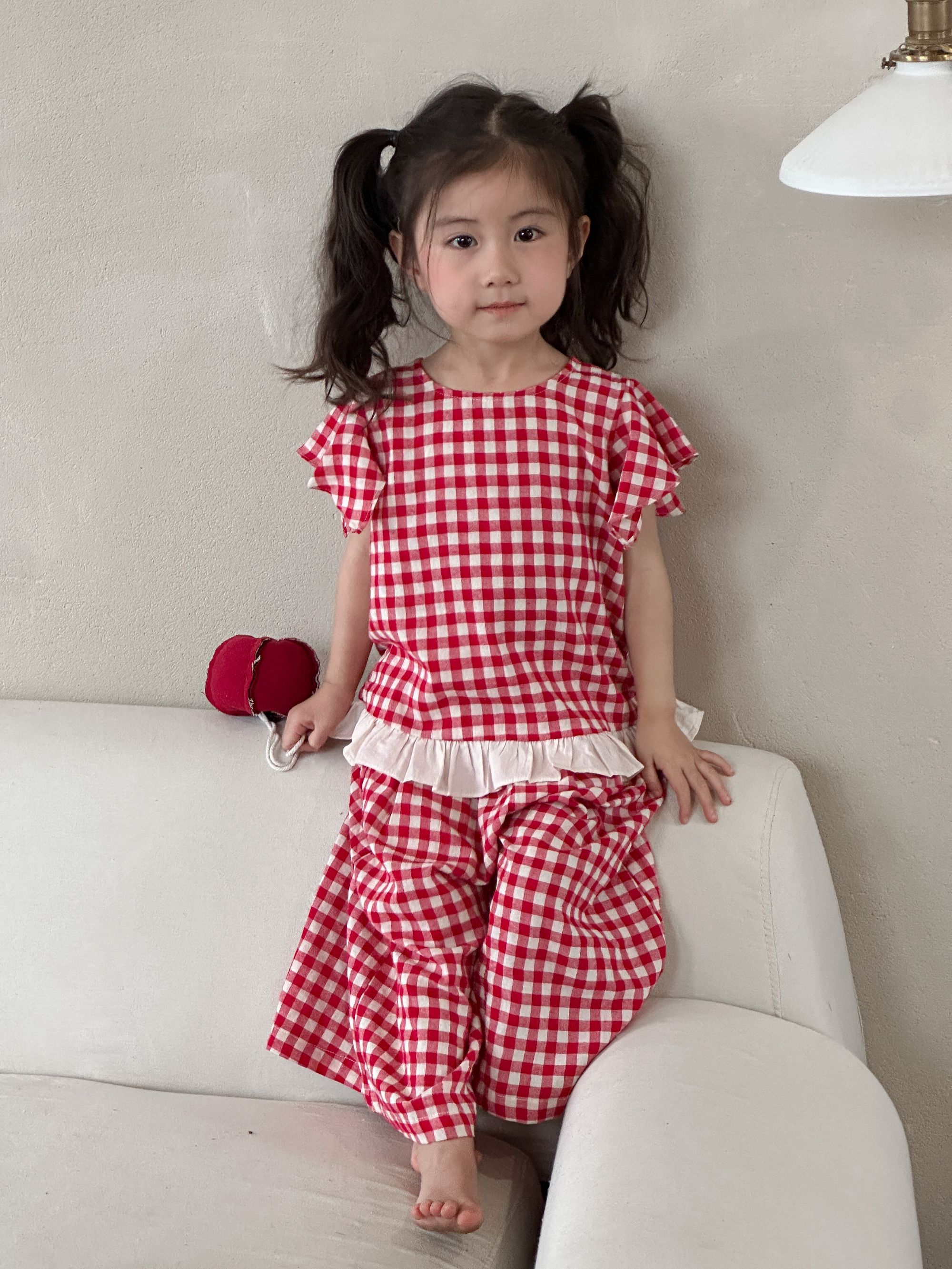 Girls' Summer Set with Western Style Grid 2024 New Summer Dress Casual Baby Girl Clothes Children's Flying Sleeve Wide Leg Pants