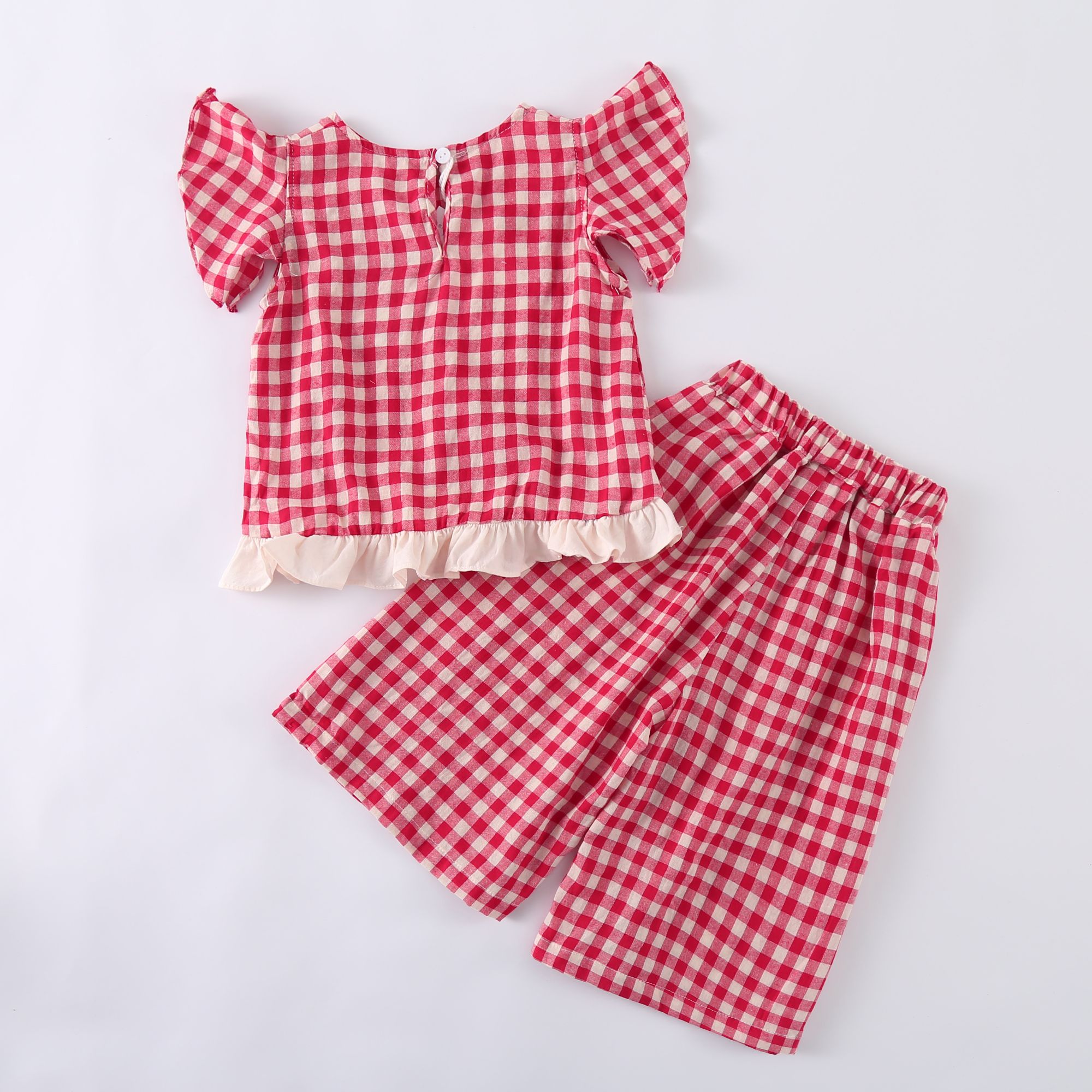 Girls' Summer Set with Western Style Grid 2024 New Summer Dress Casual Baby Girl Clothes Children's Flying Sleeve Wide Leg Pants