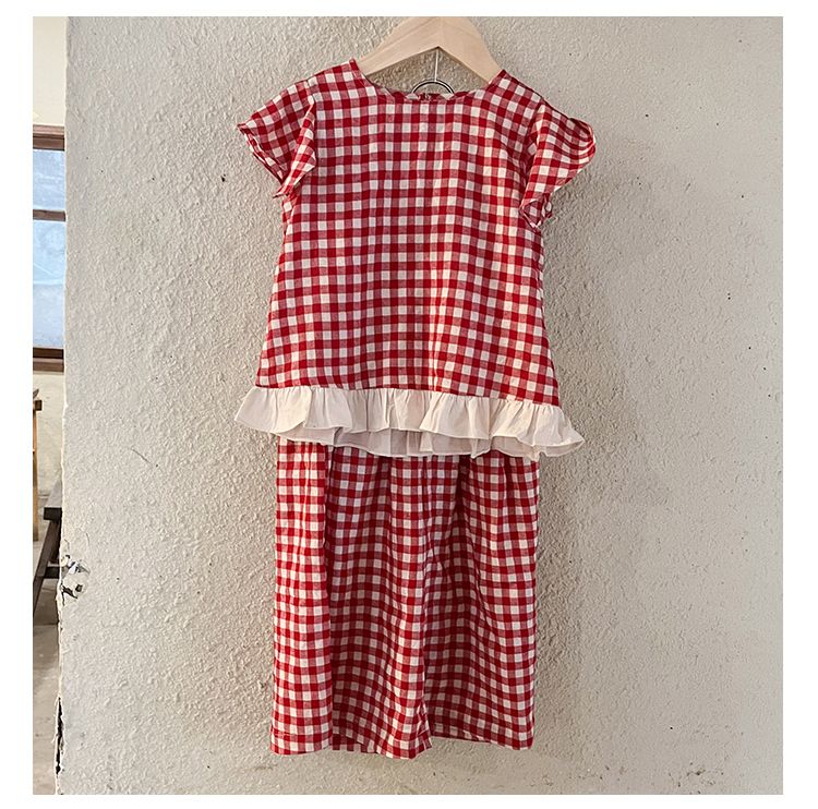 Girls' Summer Set with Western Style Grid 2024 New Summer Dress Casual Baby Girl Clothes Children's Flying Sleeve Wide Leg Pants