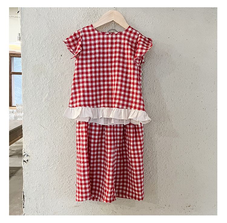 Girls' Summer Set with Western Style Grid 2024 New Summer Dress Casual Baby Girl Clothes Children's Flying Sleeve Wide Leg Pants