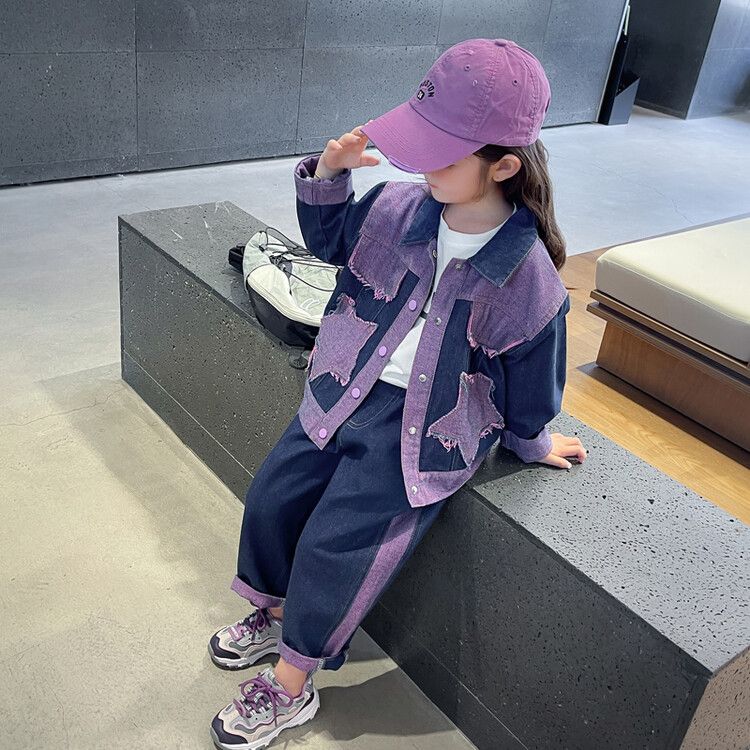 Girls' Two-Piece Denim Jacket Pants Set Stylish Star Patch Design with Contrast Purple Details, Long Sleeve Button-Up Jacket