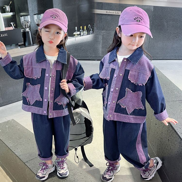 Girls' Two-Piece Denim Jacket Pants Set Stylish Star Patch Design with Contrast Purple Details, Long Sleeve Button-Up Jacket