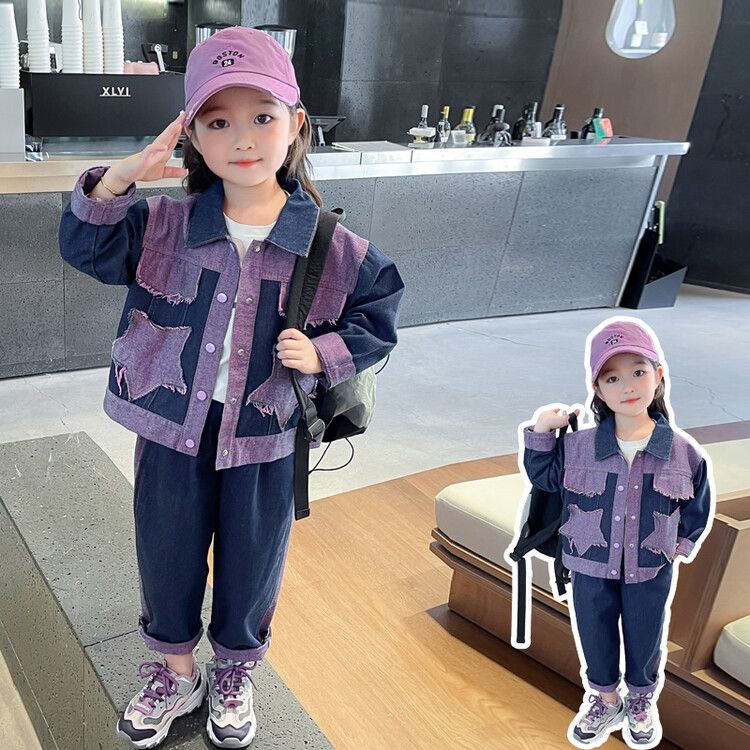 Girls' Two-Piece Denim Jacket Pants Set Stylish Star Patch Design with Contrast Purple Details, Long Sleeve Button-Up Jacket