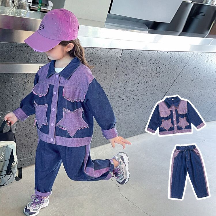 Girls' Two-Piece Denim Jacket Pants Set Stylish Star Patch Design with Contrast Purple Details, Long Sleeve Button-Up Jacket