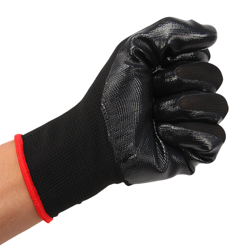 Black nitrile coated outdoor site mine logistics transport wear-resistant, non-slip breathable safety gloves