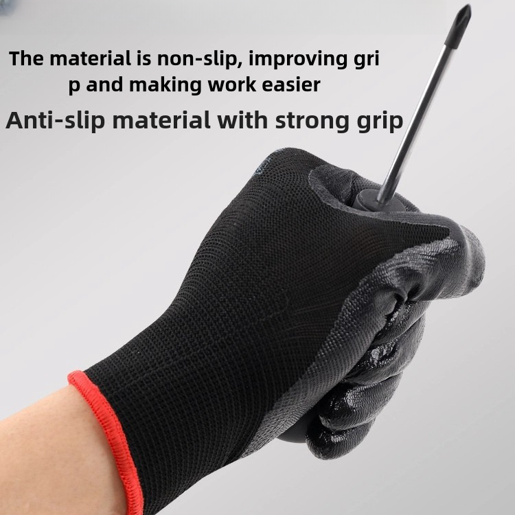 Black nitrile coated outdoor site mine logistics transport wear-resistant, non-slip breathable safety gloves